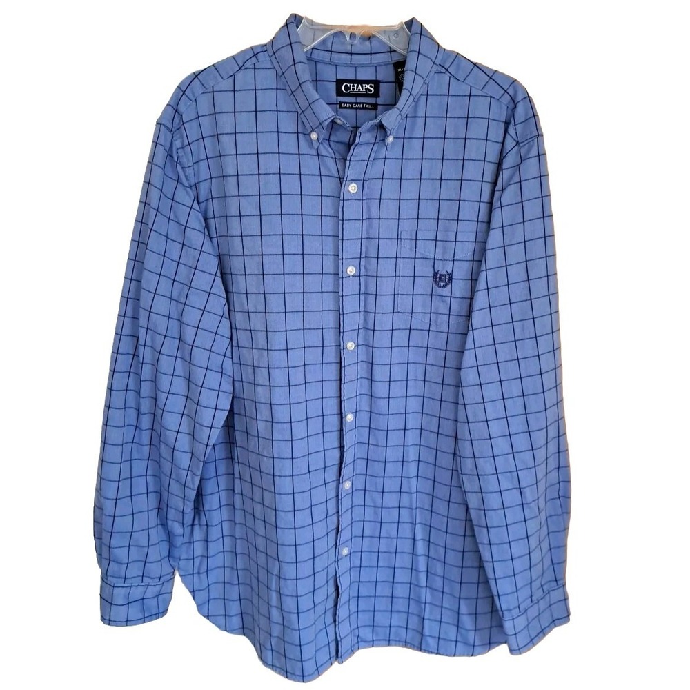 Chaps Easy Care Twill Men's XL Long Sleeve  Blue Windowpane Pattern Cotton Blend